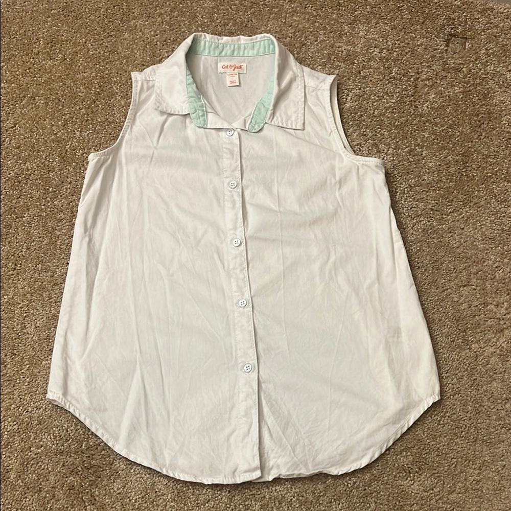Cat & Jack White 100% Cotton Sleeveless Shirt Mint Interior Collar Size 10/12